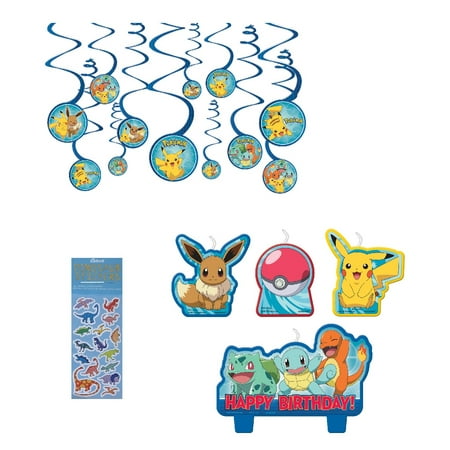 Pokemon Birthday Party Supplies Bundle includes 12 Piece Hanging Swirl Decorations with Cutouts, 4 Piece Candle Set, 1 Dinosaur Sticker Sheet