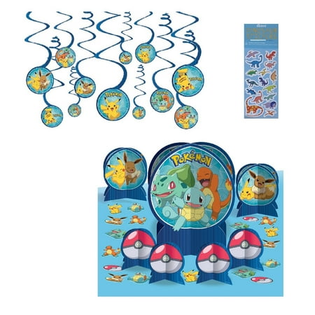 Pokemon Birthday Party Supplies Bundle includes 12pc Hanging Swirl Decoration with Cutouts, 1 Table Centerpiece with 23 Pieces, 1 Dinosaur Sticker Sheet