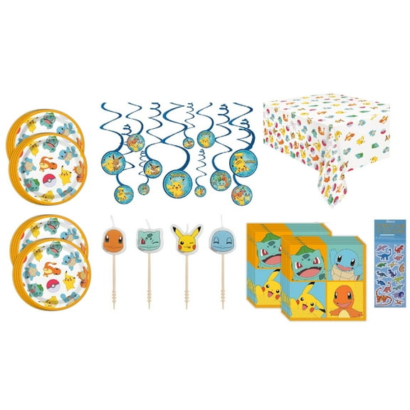Pokemon Birthday Party Supplies Bundle includes 16 Plates 7", 16 Napkins, 1 Table Cover, 4 Piece Candle Cake Decoration, 12 Piece Swirl Decorations, 1 Dinosaur Sticker Sheet