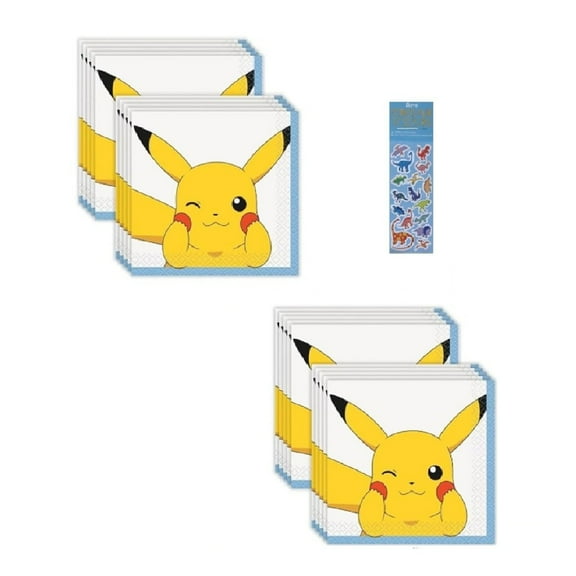 Pokemon Birthday Party Supplies Bundle includes 32 Small Beverage Napkins, 1 Dinosaur Sticker Sheet