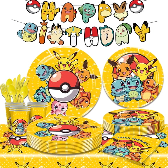 Pokemon Birthday Party Supplies, Pikachu Party Decorations & Pikachu Tableware Set - Pokemon Birthday Decorations Plates Napkins Cups Banner Tablecloth etc for Pokemon Themed Birthday Party Supplies