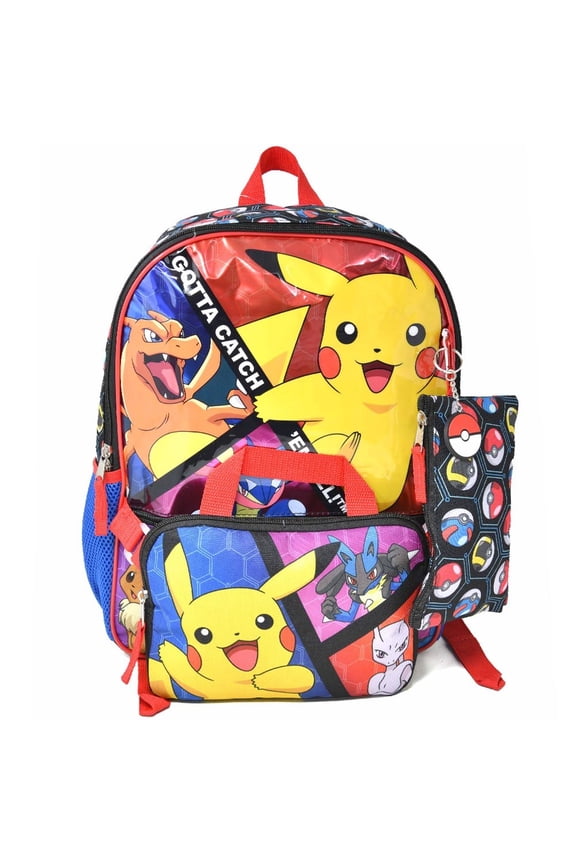 Pokemon Black 5pc 16" Backpack Set Keychain, Utility Case, Zipper pouch