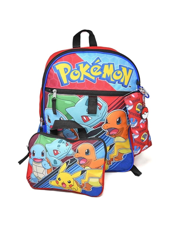 Pokemon Black 5pc 16" Backpack Set Keychain, Zipper pouch