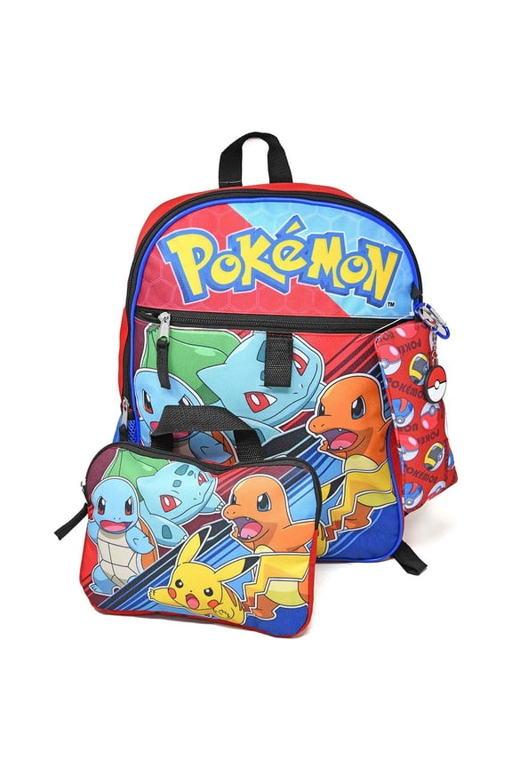 Pokemon Black 5pc 16" Backpack Set Keychain, Zipper pouch