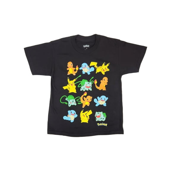 Pokemon Boys Black Short Sleeve Pikachu Squirtle Charmander Tee Shirt Size 10-12