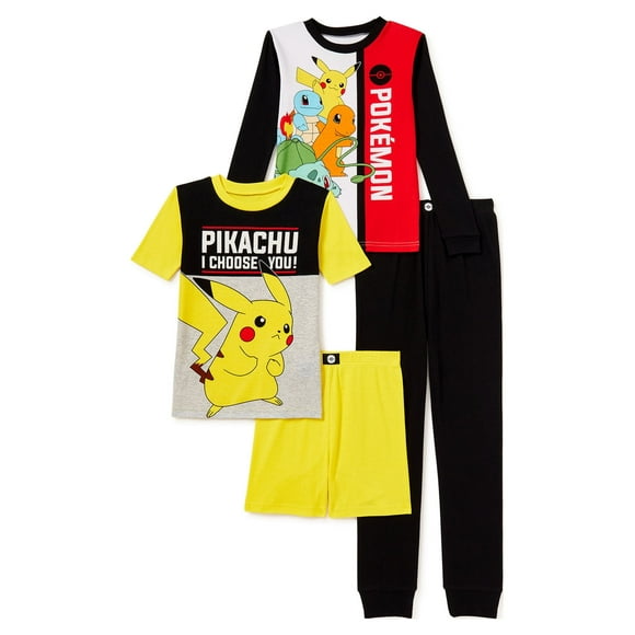 Pokemon Boys Classic Short & Long Sleeve Tops, Pants, and Shorts 4-Piece Pajama Sleep Set, Sizes 4-10