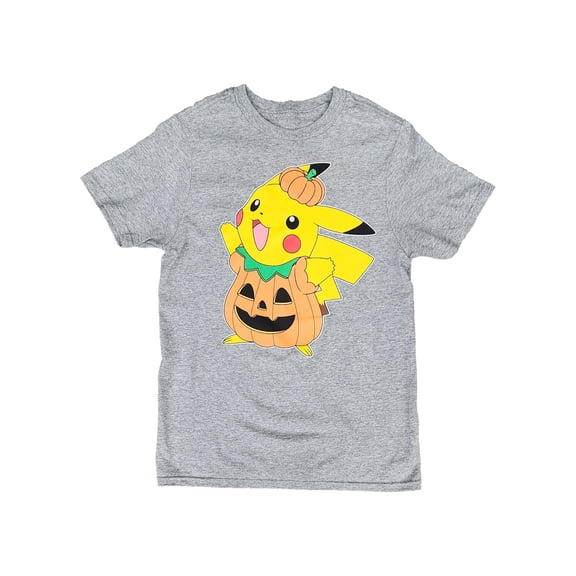Pokemon Boys Gray Short Sleeve Pikachu Pumpkin Halloween Tee Shirt Medium (8)