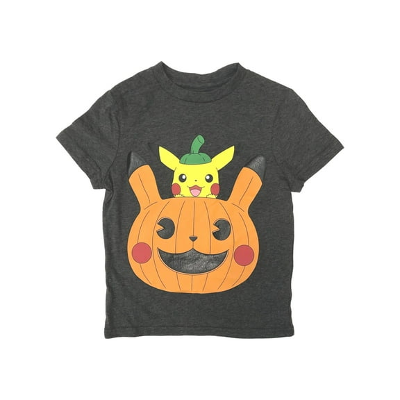 Pokemon Boys Gray Short Sleeve Pikachu Pumpkin Halloween Tee Shirt XS (4-5)