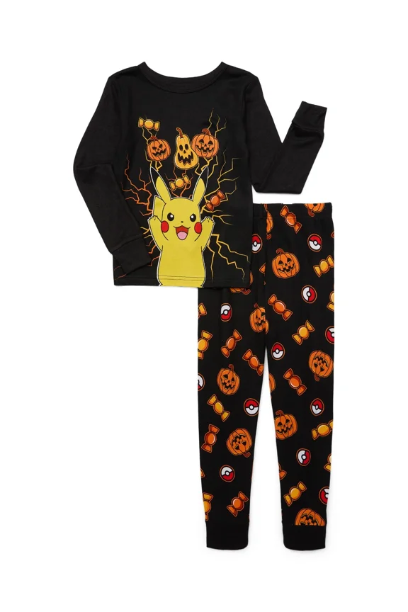 Pokemon Boys Halloween Glow in the Dark Long Sleeve Top and Pants, 2-Piece Pajama Set, Sizes 4-10