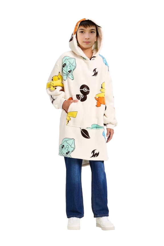 Pokemon Boys Oversized Plush Sherpa Wearable Blanket Hoodie, M/L