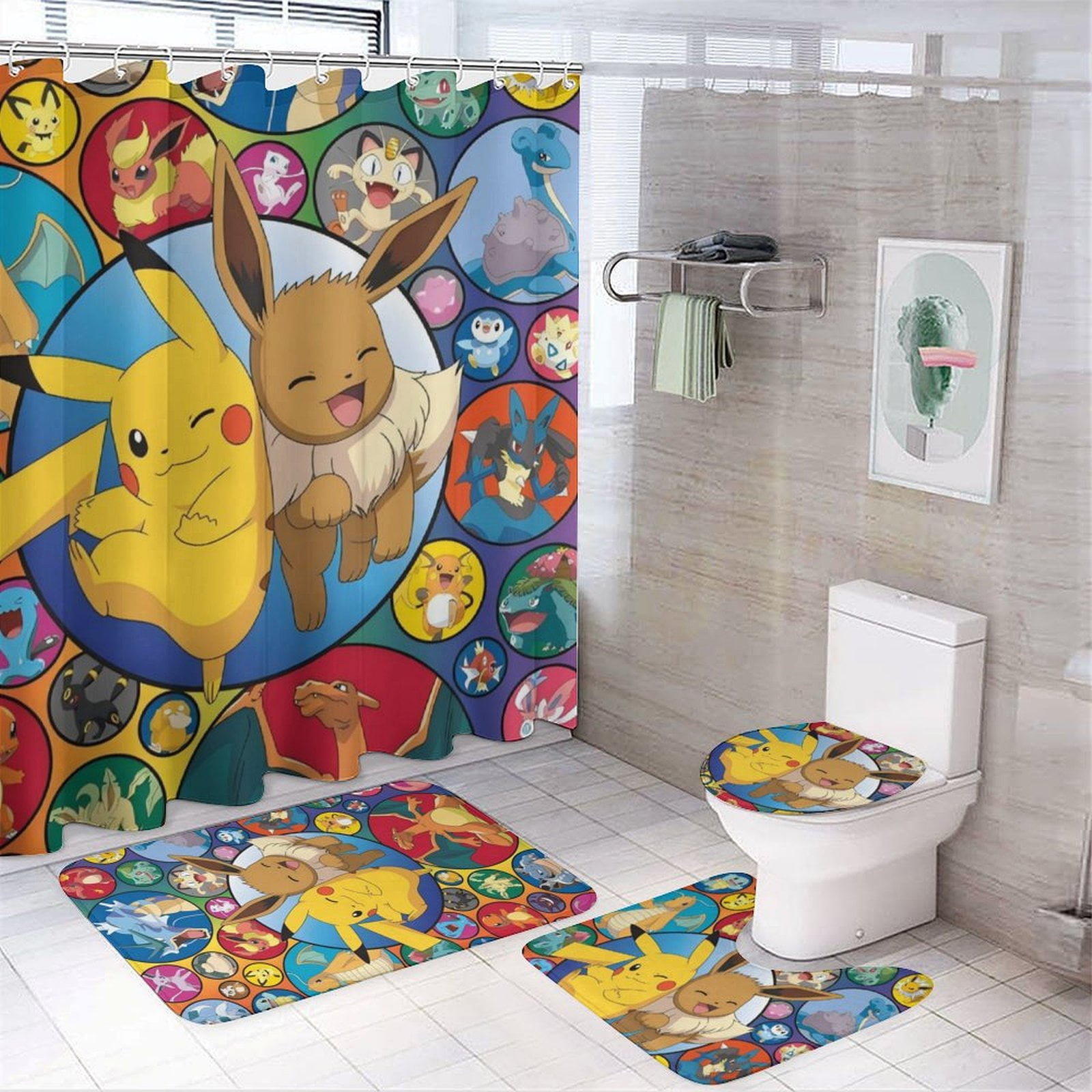 Pokemon Cartoon 4-piece Shower Curtain Set Non-slip Carpet Toilet Seat ...