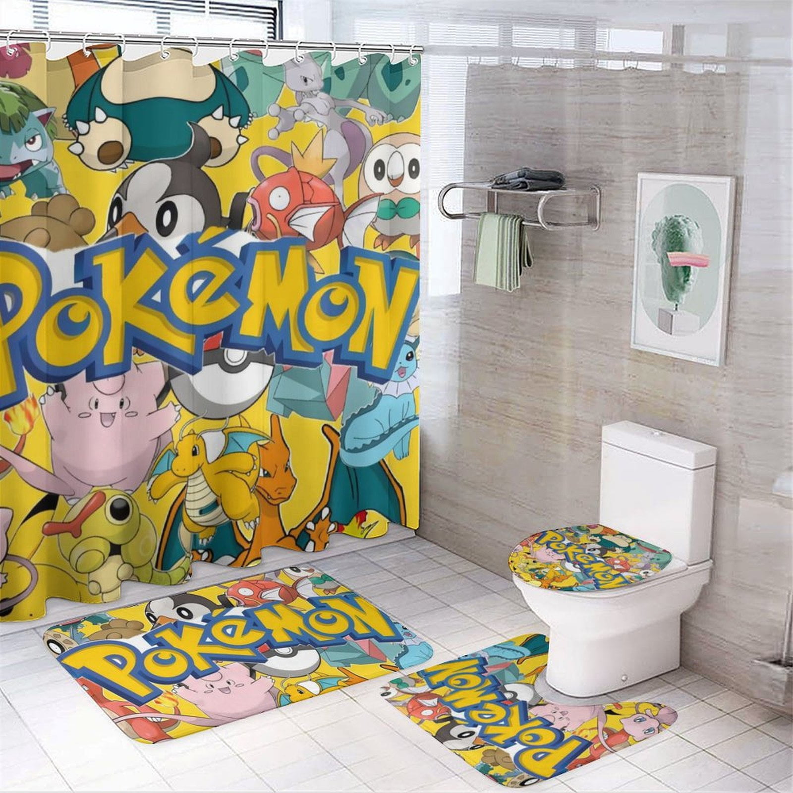 Pokemon Cartoon 4piece Shower Curtain Set Nonslip Carpet Toilet Seat