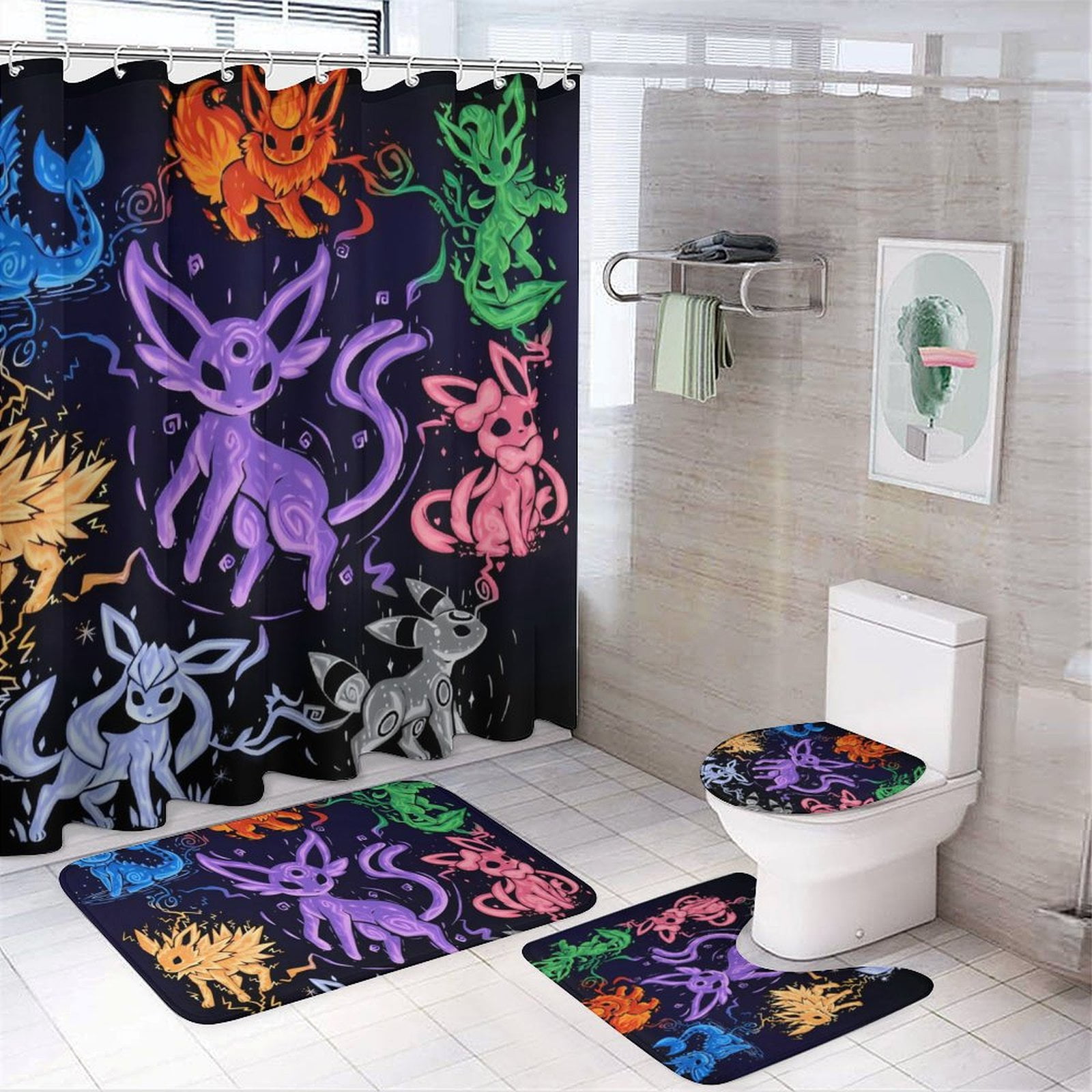 Pokemon Cartoon 4piece Shower Curtain Set Nonslip Carpet Toilet Seat