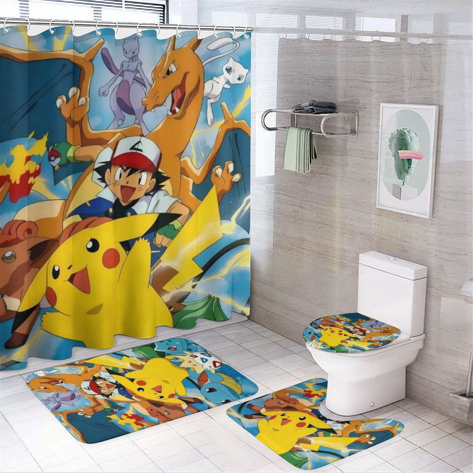 Pokemon Cartoon 4-piece Shower Curtain Set Non-slip Carpet Toilet Seat ...