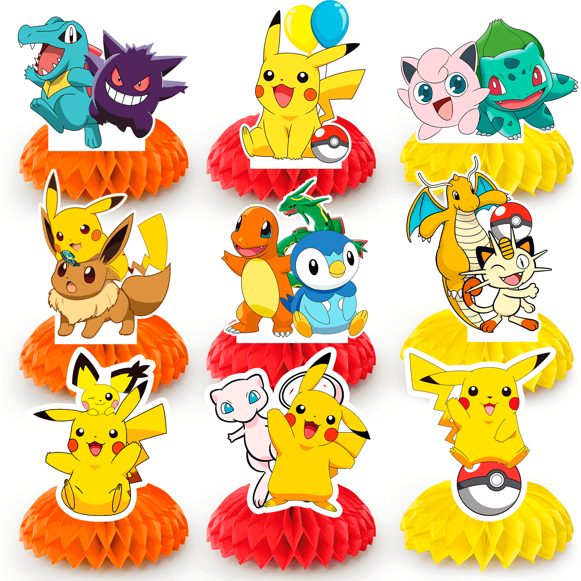 Pokemon Centerpieces for Tables, 9pc 3D Double Side Pokemon Honeycomb Centerpieces for Pokemon Themed Party Supplies Decorations,Pokemon Table Decorations for Boys/Girls Kids