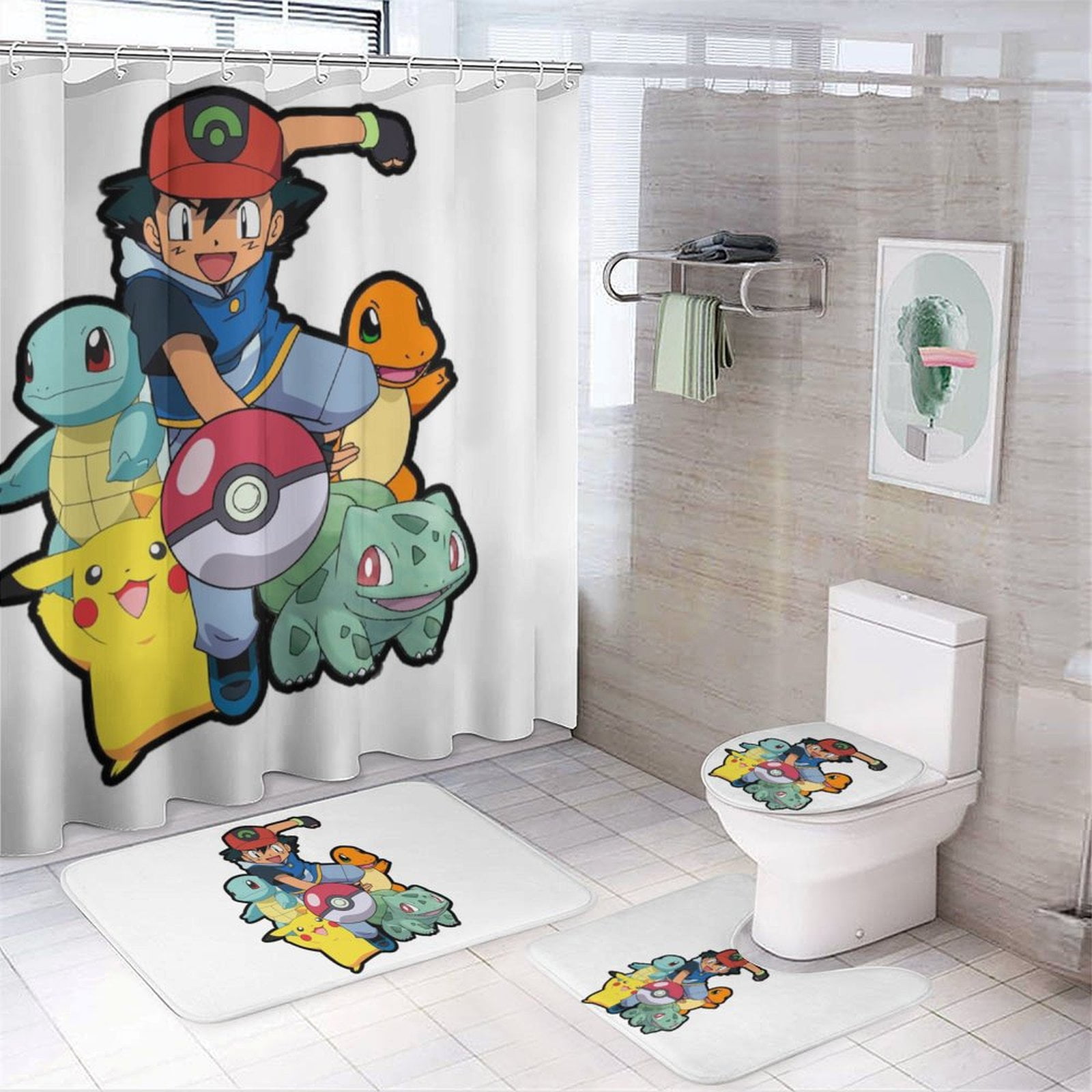 Pokemon Charizard Cartoon Shower Curtain Set for Bathroom 4 Piece ...
