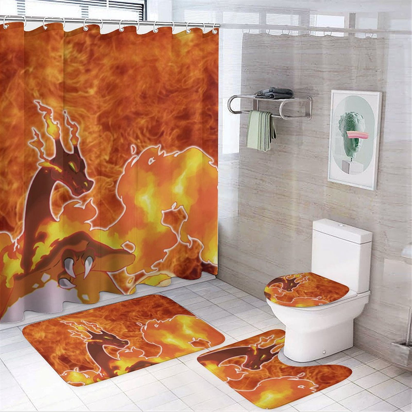 Pokemon Charizard Cartoon Shower Curtain Set for Bathroom 4 Piece ...