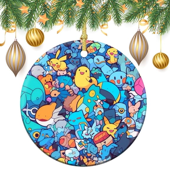 Pokemon Christmas Tree Ornaments Double-Sided Design For Kids Mom Dad Friends Families Christmas Tree Hanging Decorations, Round Ornament Decor Xmas Gifts Porcelain Travel Souvenirs