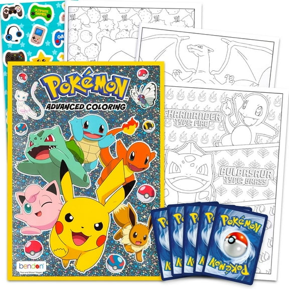 Pokemon Coloring Book for Kids, Teens - Bundle with Pokemon Advanced Coloring Book with Stickers Plus Pokemon Cards for Boys | Pokemon Coloring Set
