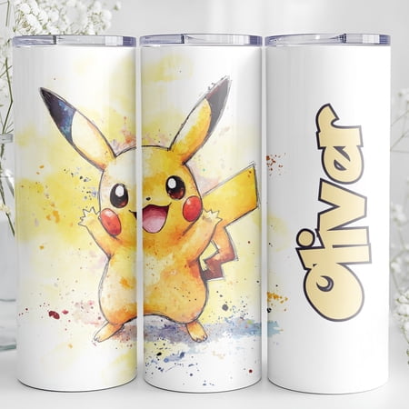 Pokemon Cup, Personalized 20 oz Stainless Steel Tumbler with Pikachu Watercolor Design, Custom Name Gift