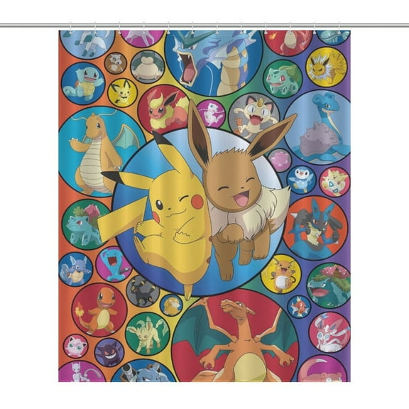 Pokemon Eevee Bubbles Shower Curtain,Shower Curtain liner Washable Waterproof Fabric for Bathroom Decor Bathtub with 12 Hooks,72x60 inch