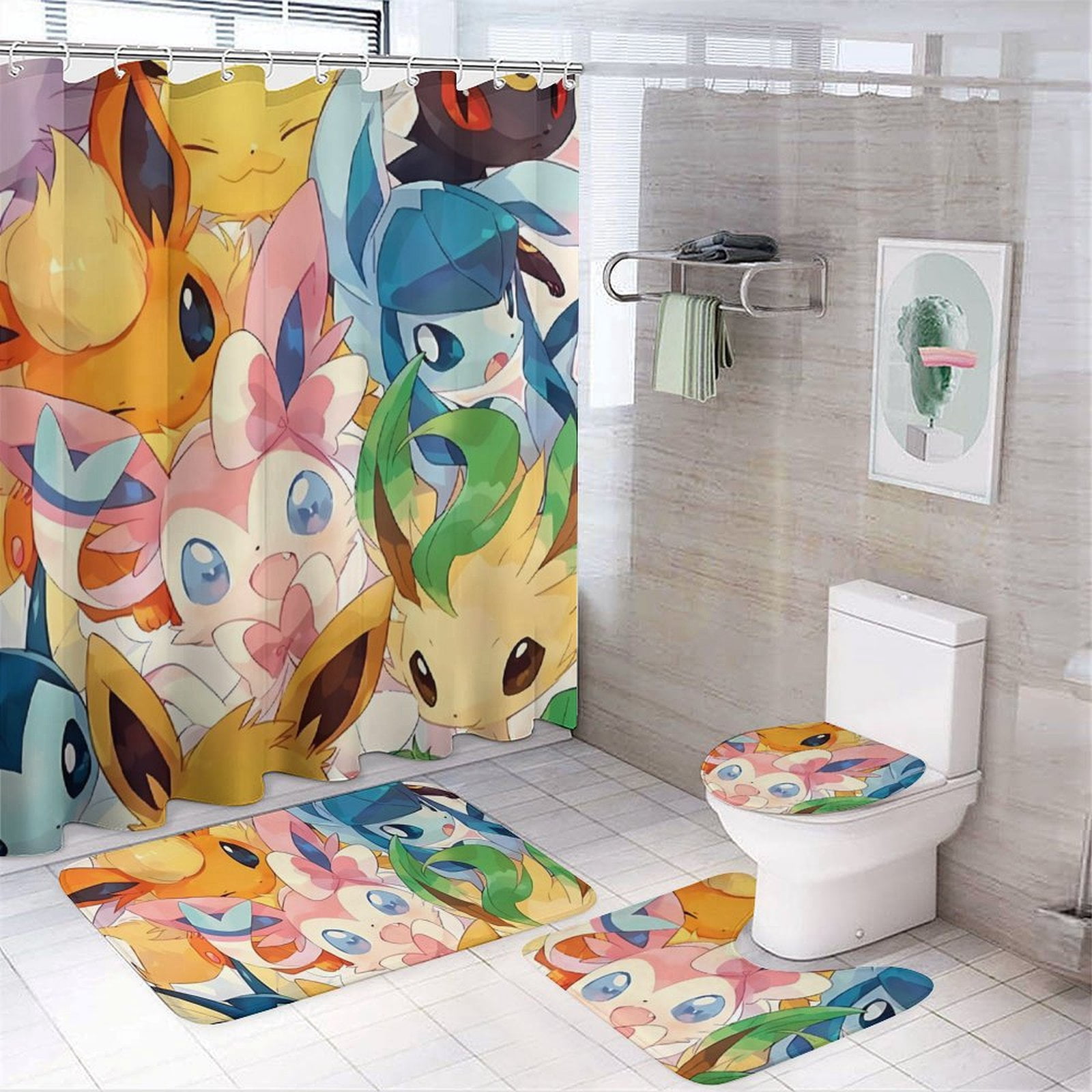 Pokemon_Eevee Cartoon Shower Curtain Set for Bathroom 4 Piece Bathroom ...