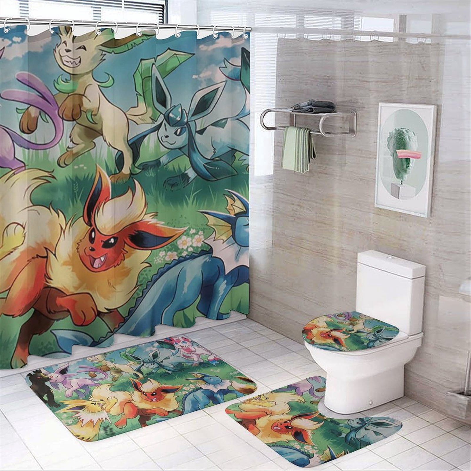 Pokemon_Eevee Cartoon Shower Curtain Set for Bathroom 4 Piece Bathroom ...