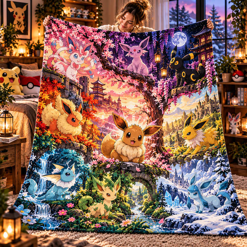 Pokemon Language Characters Pokemon Eevee Evolutions Flannel Throw Blanket, Starry Galaxy Anime ...