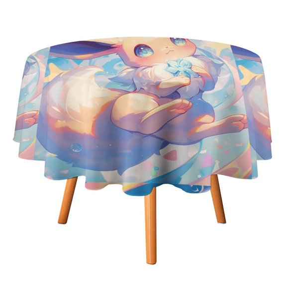 Pokemon Eevee Table Cloth Round Tablecloth Polyester Table Circular Table Cover Washable Wrinkle Stain-Resistant Cloth Holiday Decorations For Party Kitchen Dinning Outdoor Indoor