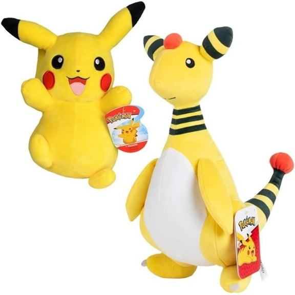 Pokemon Electric Type Plush 2-Pack - 12" Ampharos & 8" Pikachu - Officially Licensed - Quality Soft Stuffed Animal Toy Figures - Gift for Kids, Boys, Girls & Fans - 2+
