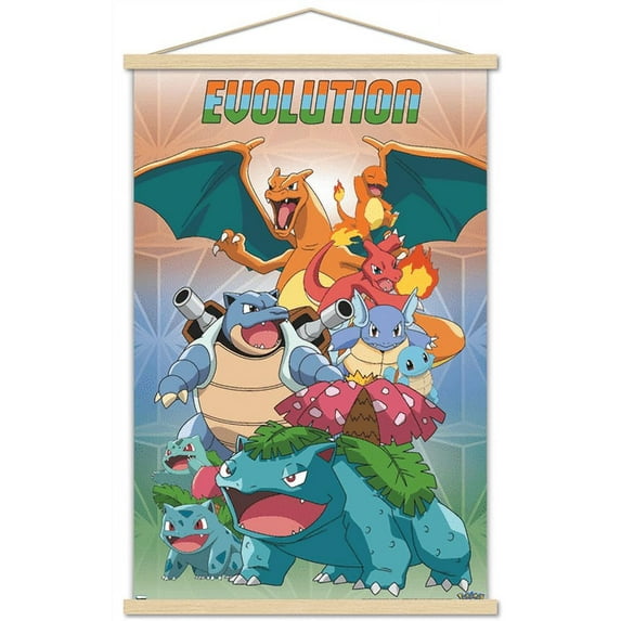 Pokemon - Evolution Trio Wall Poster with Wooden Magnetic Frame, 22.375" x 34"