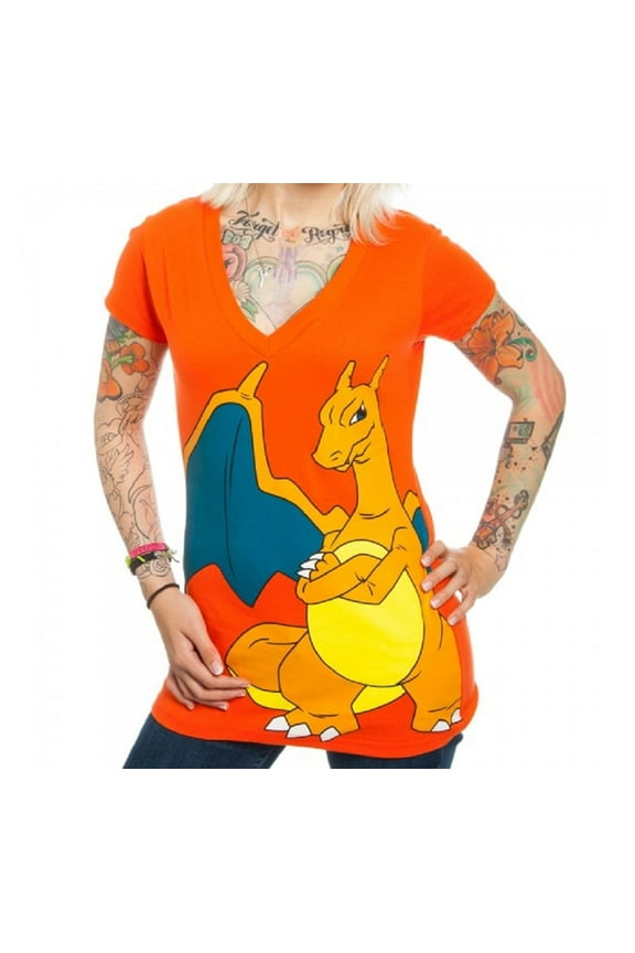 Pokemon Extra Large Charizard Women's V-Neck Juniors XL Orange