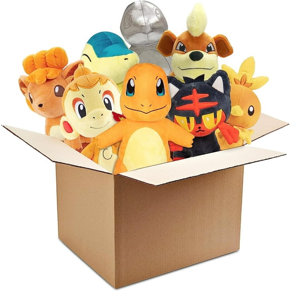 Pokemon Fire Type 8" Plush Assorted Blind Box, 3-Pack - Receive 3 Randomly Selected Fire Type Pokemon Characters & Rare Collectible Silver Pokemon - Surprise Stuffed Animal Toy - Gift for Kids - 2+