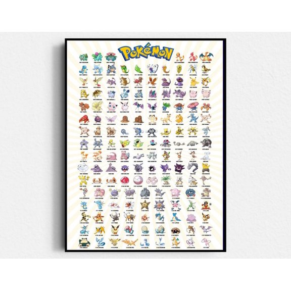 Pokemon First Generation Kanto Wall Art Classic Character Collection Retro Illustration Poster Home Decor Size 24x36 Unframed Poster