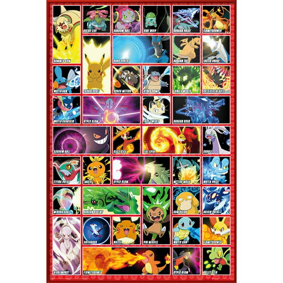 Pokemon - Framed Gaming / TV Show Poster (Character Grid - The Moves) (Size: 25" X 37") (Red Plastic Frame)