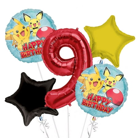 Pokemon GO Pikachu Happy Birthday Balloon Bouquet 9th Birthday 5 pcs - Party Supplies