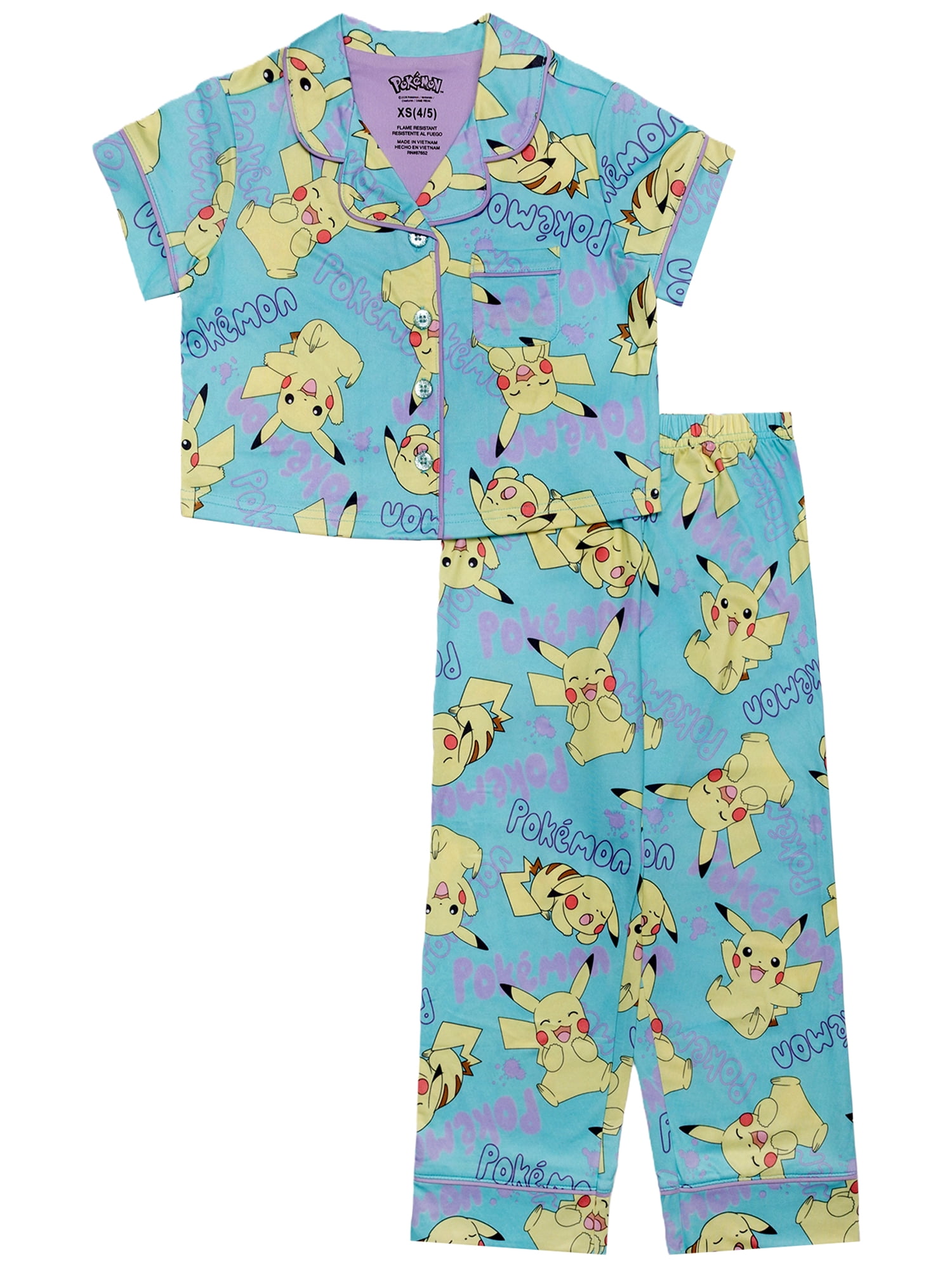 Pokemon Girls Button Front Top and Pants Pajama Set, 2-Piece, Sizes 4-12