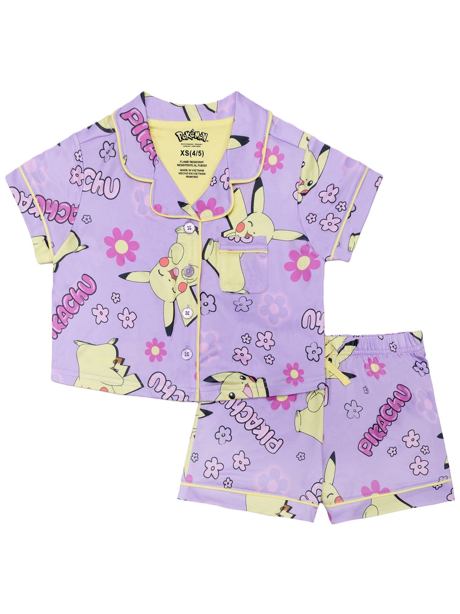 Pokemon Girls Button Front Top and Shorts Pajama Set, 2-Piece, Sizes 4-12