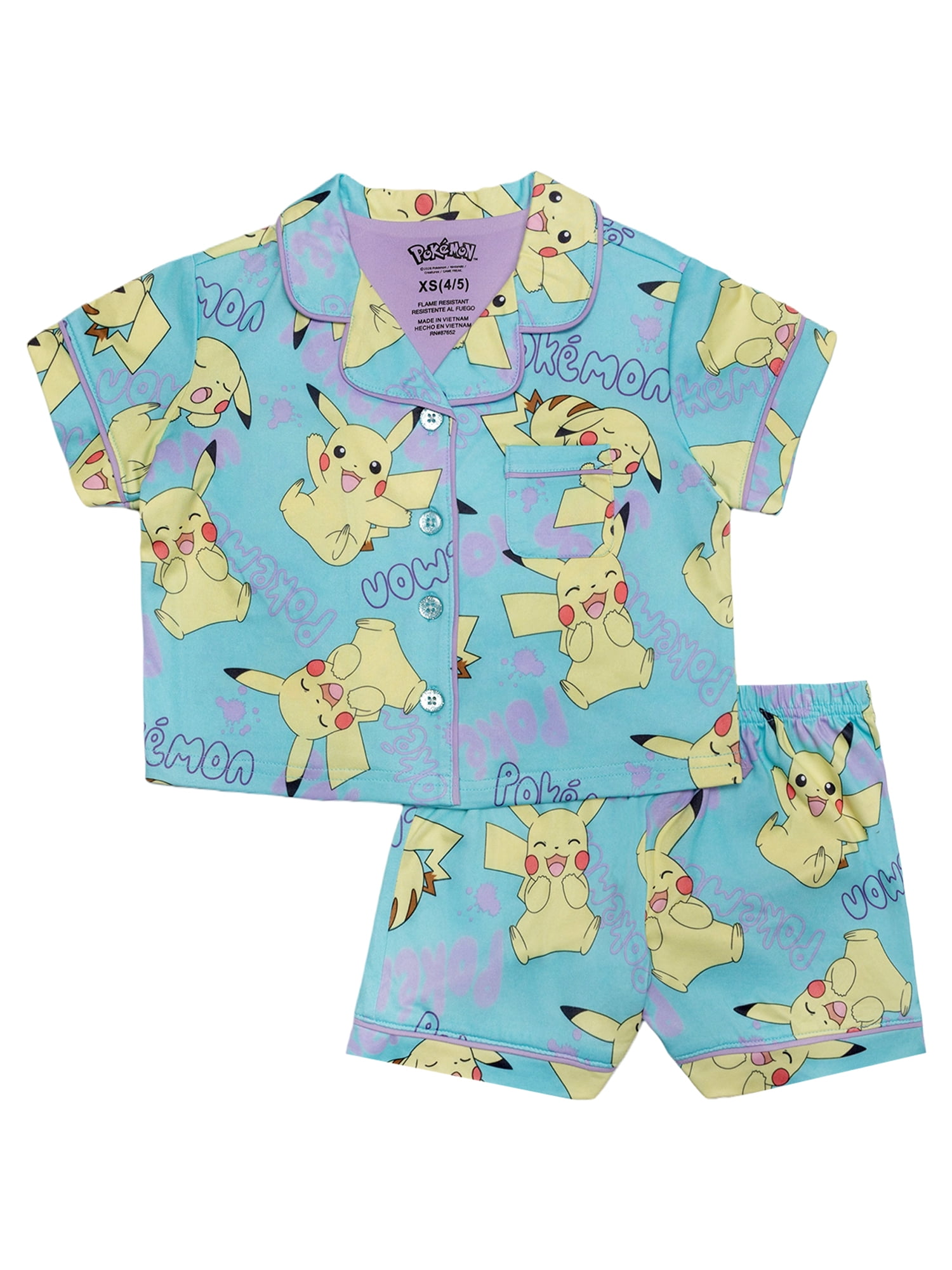 Pokemon Girls Button Front Top and Shorts Pajama Set, 2-Piece, Sizes 4-12