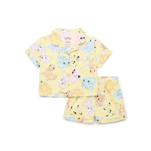 Pokemon Girls' Button Front Top and Shorts Pajama Set, 2-Piece, Sizes 4-12