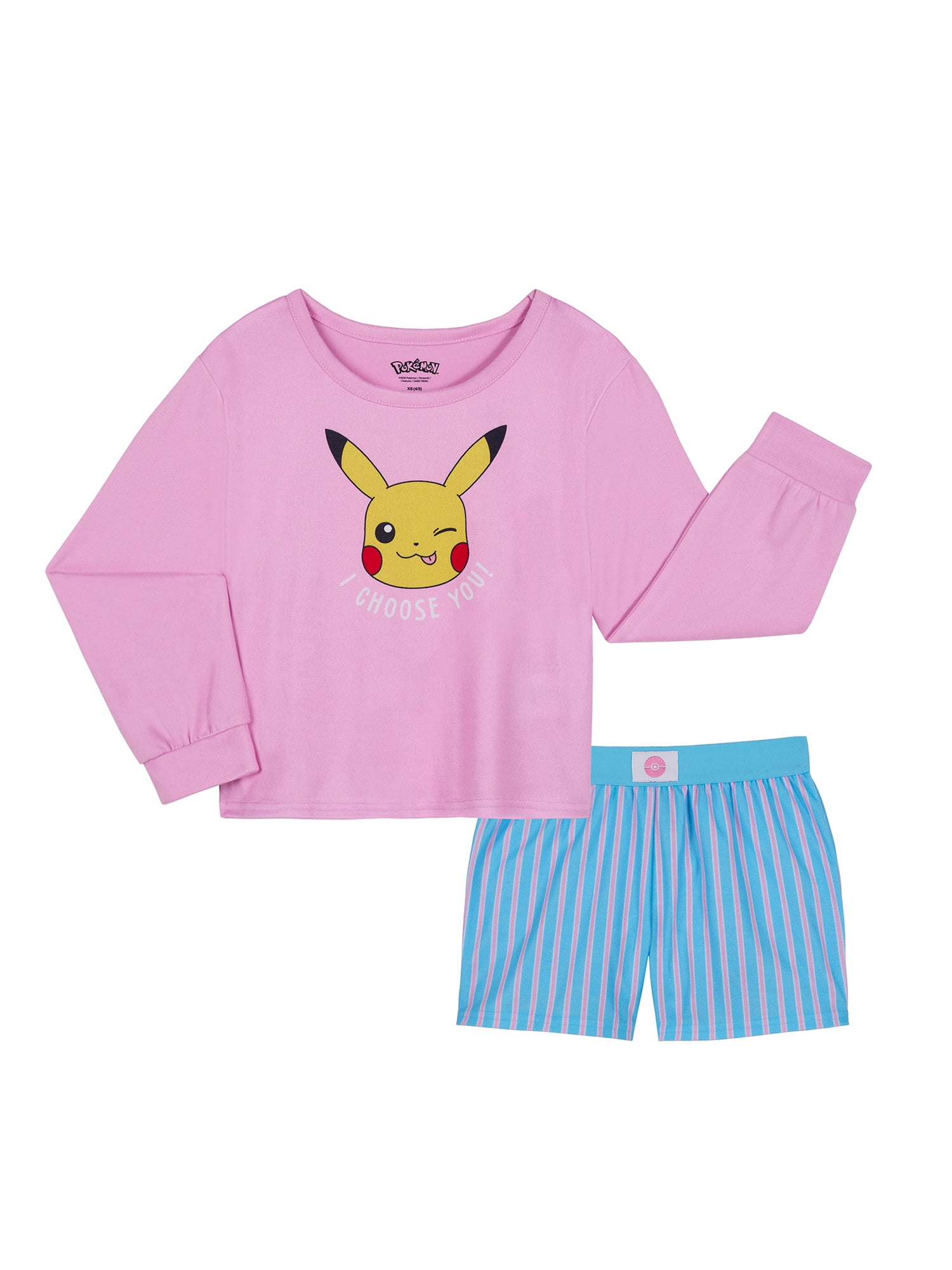 Pokemon Girls Long Sleeve Sleep Top and Shorts Pajama Set, 2-Piece, Sizes 4-12