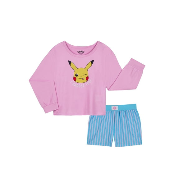 Pokemon Girls Long Sleeve Sleep Top and Shorts Pajama Set, 2-Piece, Sizes 4-12