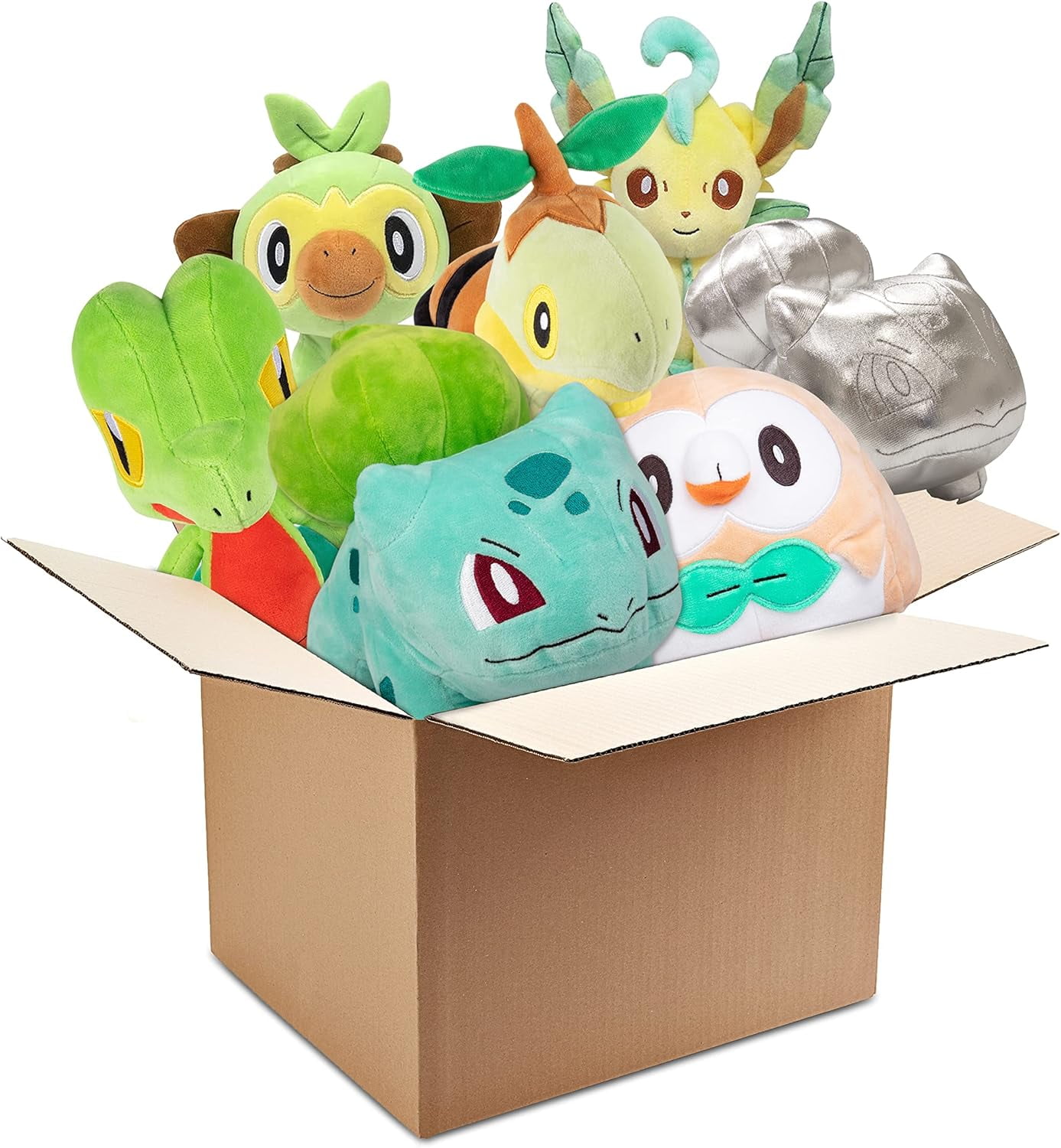 Pokemon Grass Type 8" Plush Assorted Blind Box, 3-Pack - Receive 3 Randomly Selected Characters & Rare Silver Starters - Surprise Stuffed Animal Toy Figures - Gift for Kids, Boys, Girls 2+