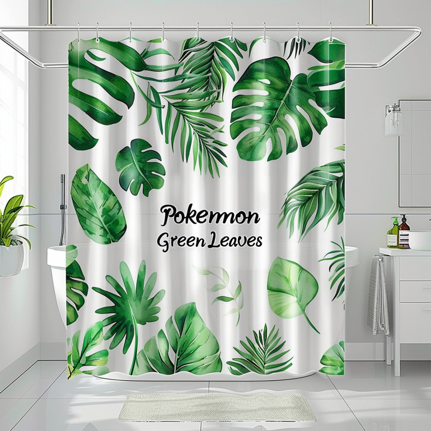 Pokemon Green Leaves Watercolor Shower Curtain Minimalist Style ...