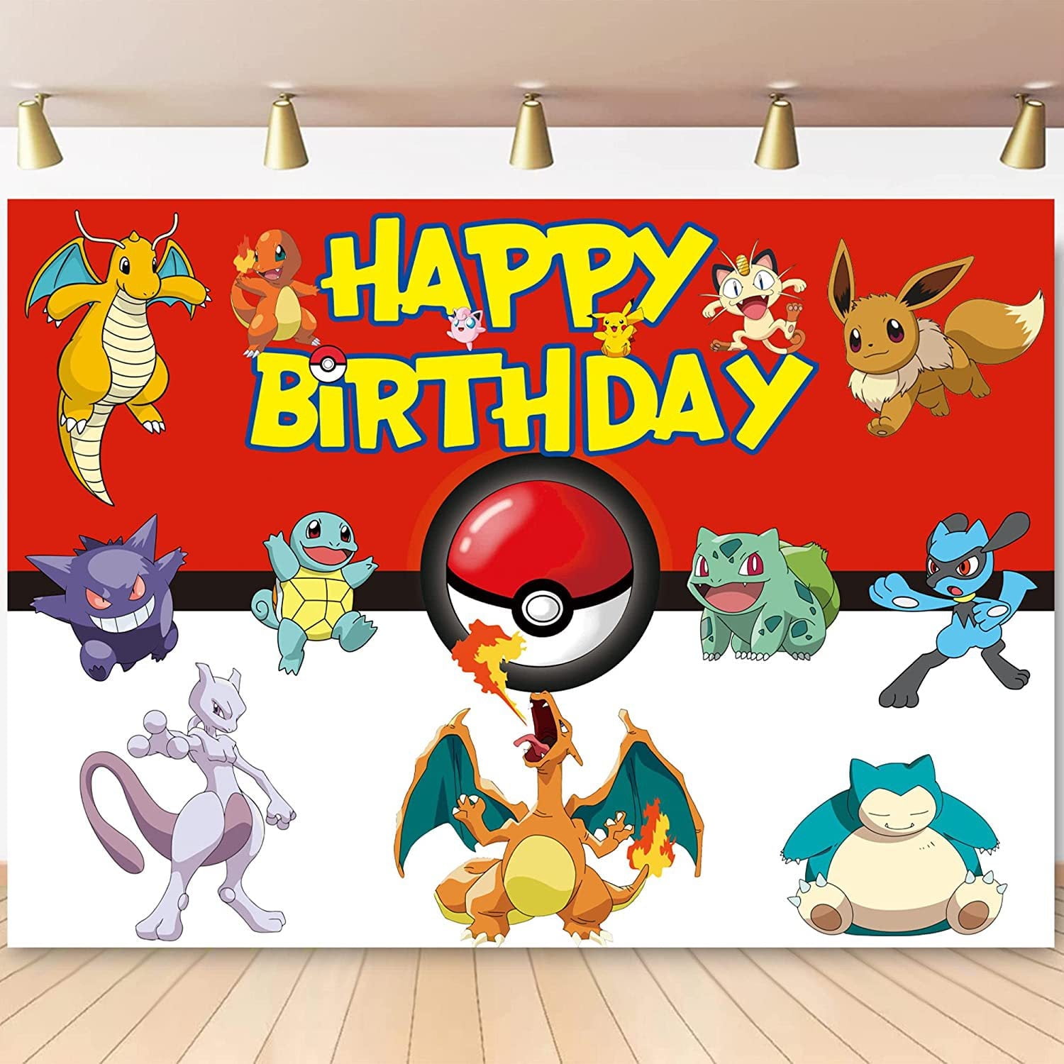 Pokemon Happy Birthday Anime Cartoon Theme Backdrops Banner Birthday Party House party Decor Supplies,5.9x3.6ft