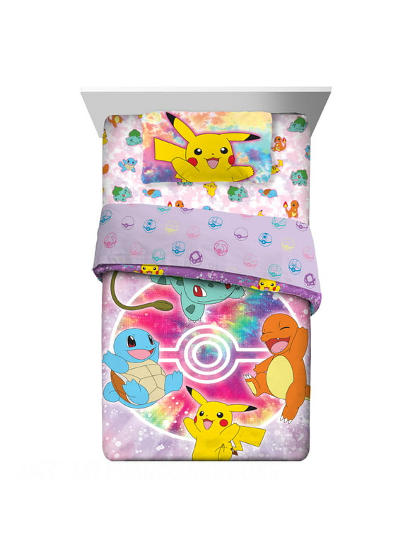 Pokemon Kids Full Bed in a Bag, Tie-Dye, Comforter and Sheets, Purple