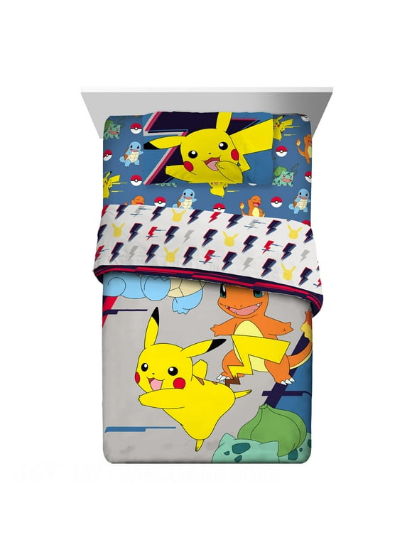 Pokemon Kids Twin Bed in a Bag, Gaming Bedding, Comforter and Sheets, Blue and Gray