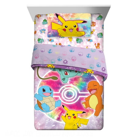 Pokemon Kids 4 Piece Purple Pink Tie Dye Reversible Comforter, Bed in a Bag, Twin