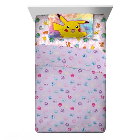 Pokemon Kids Twin Sheet Set, Gaming Bedding, Purple and Pink