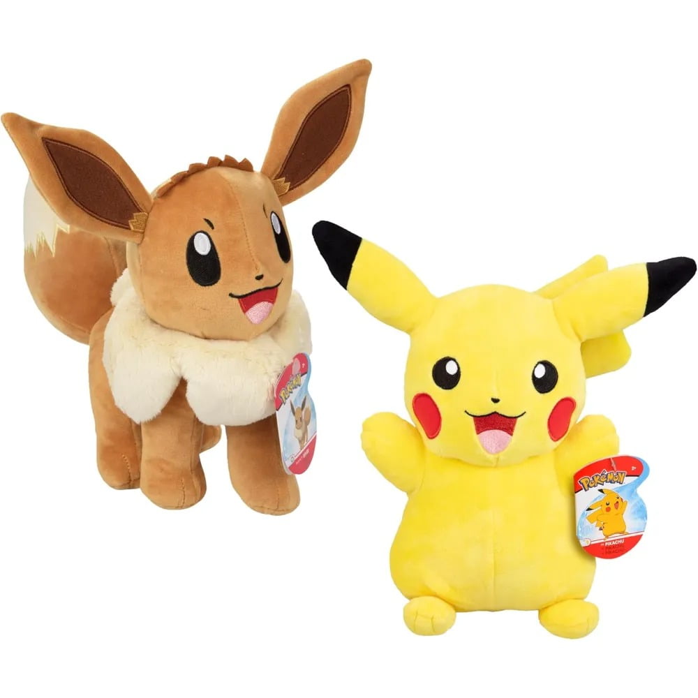 Pokemon Large 12" Eevee & Pikachu Plush, 2-Pack - Officially Licensed - Let's Go Starter Figure Set - Authentic 12-Inch Stuffed Animal Toys - Gift for Kids, Boys, Girls - 2+